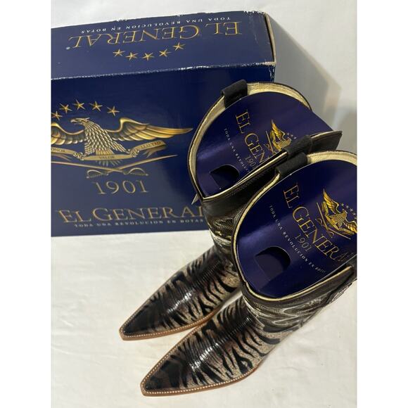 El General Cowboy Boots Mens Sz 8 Tiger Stripe Lizard Skin Exotic Leather Brown - Picture 5 of 16